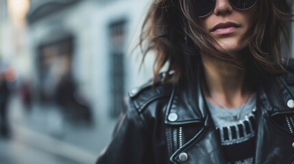 A stylish woman wearing a black leather jacket and a striped sweater walks down a busy street, capturing the essence of edgy fashion in an urban environment.
