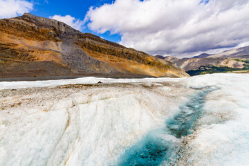 The landscape of the Rocky Mountains. The ice field the Athabasca glacier. Jasper National Park,  Columbia Icefields, Alberta, Canada