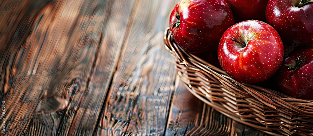 Poster close up image of red apples in a basket on a wooden table with copy space image