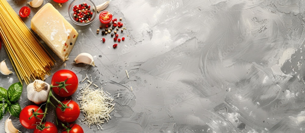 Poster Essential items for making pasta including spaghetti cheese tomatoes and garlic arranged on a gray background with a top view perspective leaving a copy space image