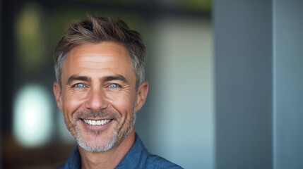 Smiling MiddleAged Man with SaltandPepper Hair, Natural Light Portrait for Print Design and Posters