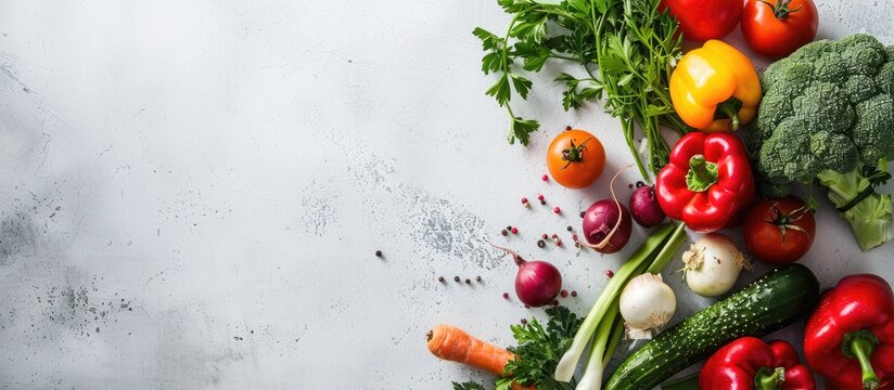 Top view of a fresh assortment of organic vegetables for vegan and vegetarian diets ideal for clean eating Ample copy space in the image
