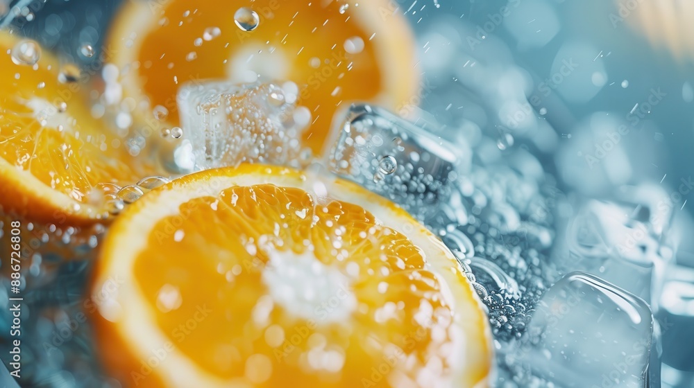 Poster close-up of orange slices and ice cubes in water, capturing a refreshing splash, emphasizing the coo