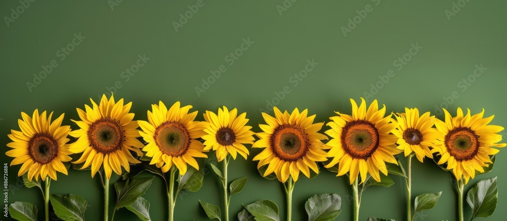 Aufkleber sunflowers arranged in a row in front of a green backdrop for a copy space image