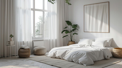 Modern chic white bedroom showcasing a plush bed, a serene lounge space, and a panoramic window. A mockup frame on the wall invites your unique artistic expression.