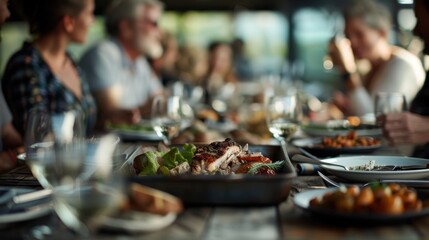 Fototapeta premium A close-up view of a family dinner, with plates full of delicious food, drinks, and conversations, in a warm and inviting environment. The holiday spirit is all around.