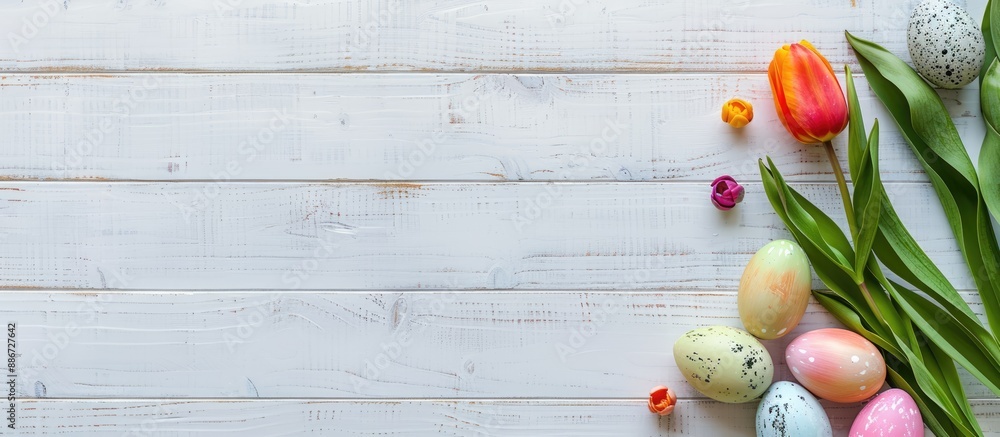 Poster a cheerful easter scene featuring multicolored eggs a tulip and a white wooden backdrop for an easte