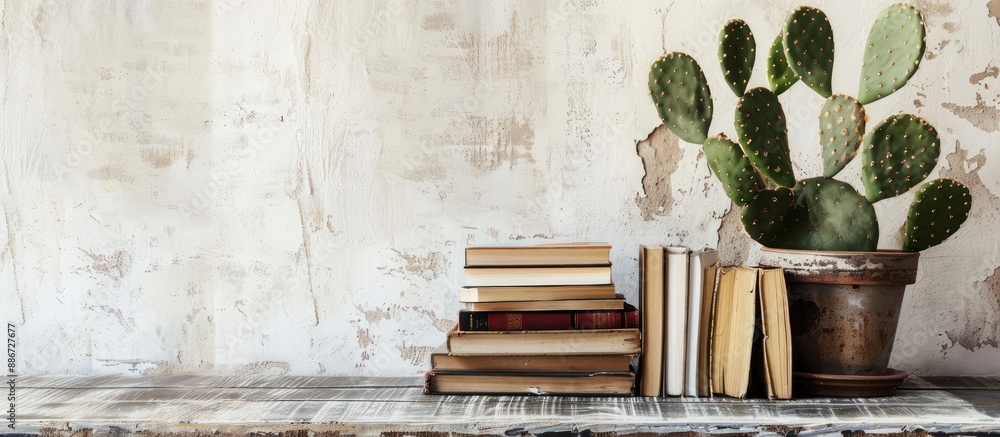 Poster table featuring books alongside a large cactus in a pot set against a white grunge wall with ample e