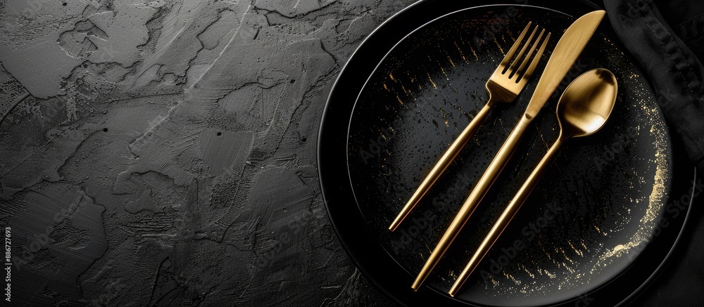 Poster elegant gold cutlery on black plates creates a stunning display with a sophisticated touch the image