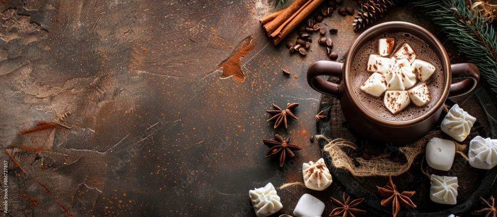 Aufkleber hot cocoa for winter on rustic backdrop with room for copy space image