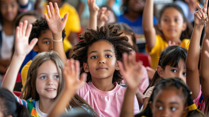 Fototapeta premium 8. Group of students of various ages raising hands to answer questions during a classroom discussion 
