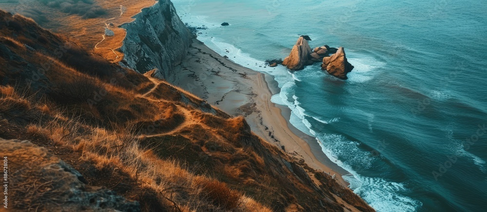 Poster scenic crimean view with a winding trail along steep cliffs over an isolated sandy coastline meeting