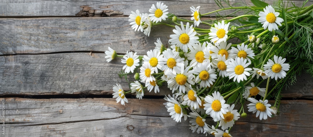 Poster top view of a bouquet of chamomile flowers on a wooden garden table with space for text or image ins