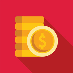 Stack of gold coins is laying on a red background, representing savings, wealth, and financial success