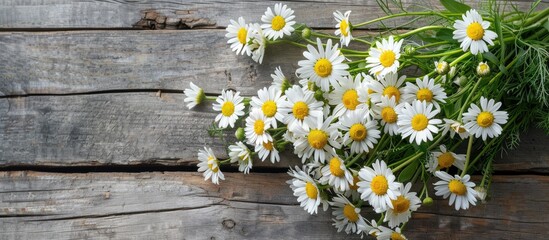 Obraz premium Top view of a bouquet of chamomile flowers on a wooden garden table with space for text or image insertion. Copy space image. Place for adding text and design
