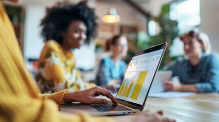Close-up of diverse teachers sharing teaching resources on a laptop screen in a collaborative workspace 