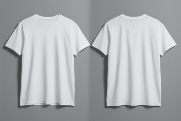 Two white t-shirts placed side by side against a gray background