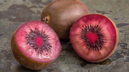 Red kiwi fruit has a striking red pink flesh and a smooth brown skin Sweeter than green kiwi its juicy texture and subtle berry notes make it great for snacks fruit salads and desserts