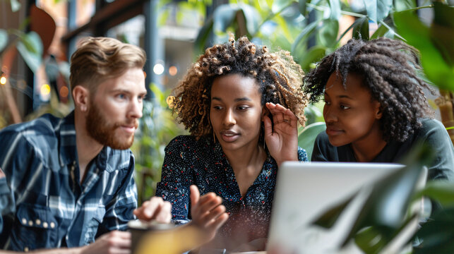 Close-up of diverse teachers sharing teaching resources on a laptop screen in a collaborative workspace 