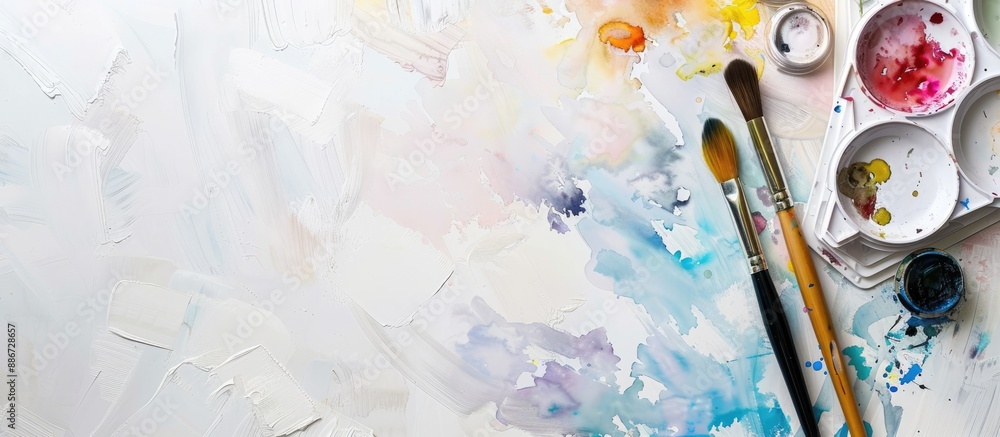 Poster beige background with watercolor palette and brushes in a flat lay setup top view emphasizing the ar