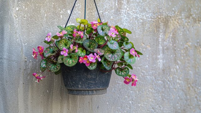 Episcia cupreata flame violet on hanging pot which attached to the wall