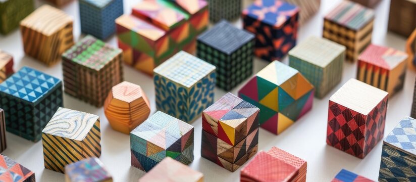 Japanese craft Yosegi Zaiku from Hakone creates intricate geometric patterns by arranging colorful wooden blocks perfect for a copy space image
