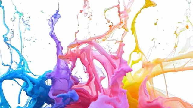 Abstract splashes of blue, purple, pink, and yellow paint on a white background.