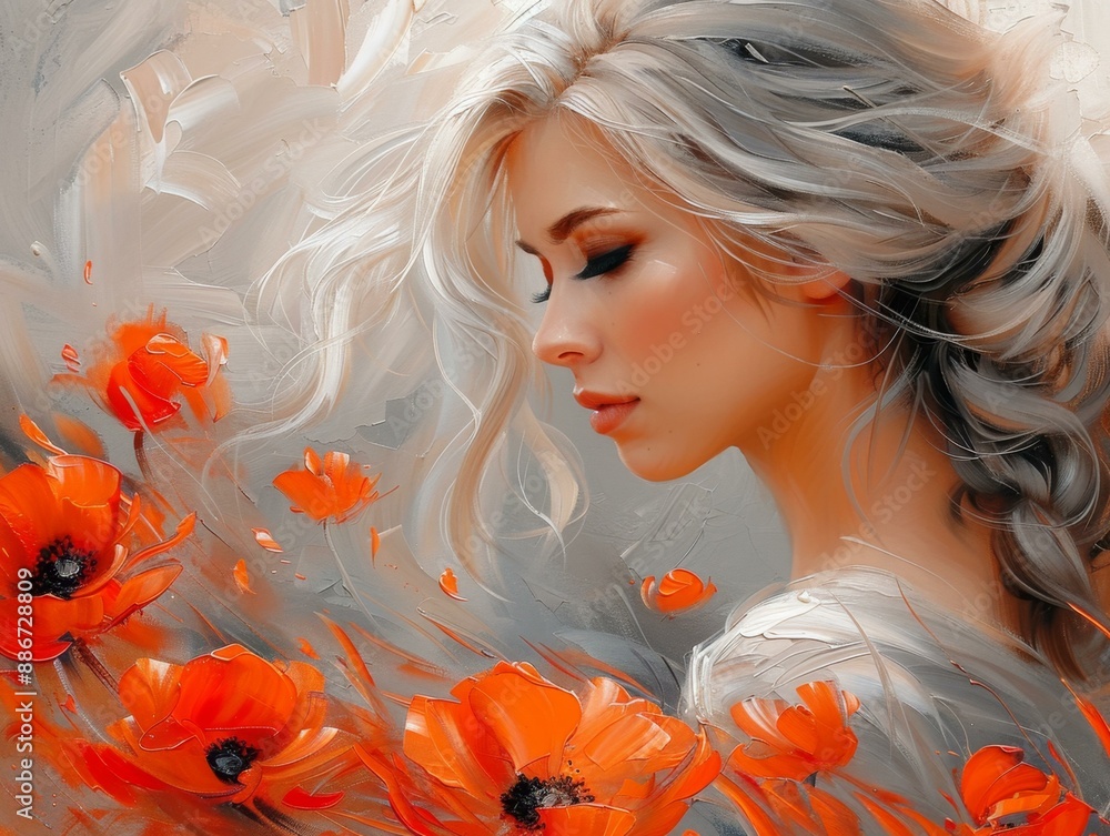 Wall mural Artwork of a young woman with white hair, looking at the poppies.