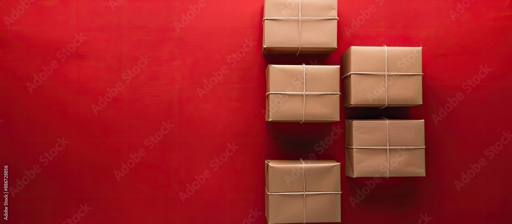 Poster six craft paper wrapped boxes on a red backdrop ideal for online shopping with a copy space image