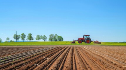 Fototapeta premium A farmer plowing a field with a tractor, creating neat rows in the soil under a clear blue sky