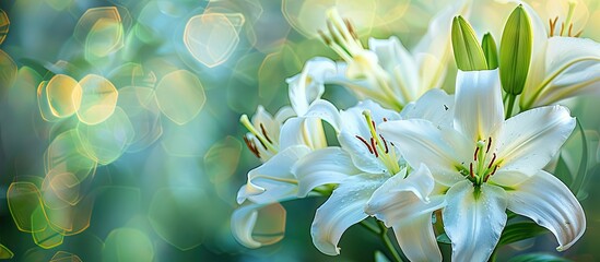 Fototapeta premium A close up of blooming white lilies set against a daylily creating an elegant flower background with copy space image