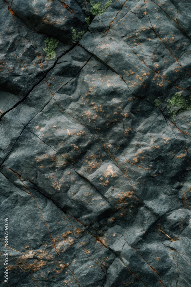 Aufkleber Rock formation close-up with moss and lichen on rough dark gray granite surface. Vertical lines create depth perspective. Nature texture background for design, tech, eco or art projects.