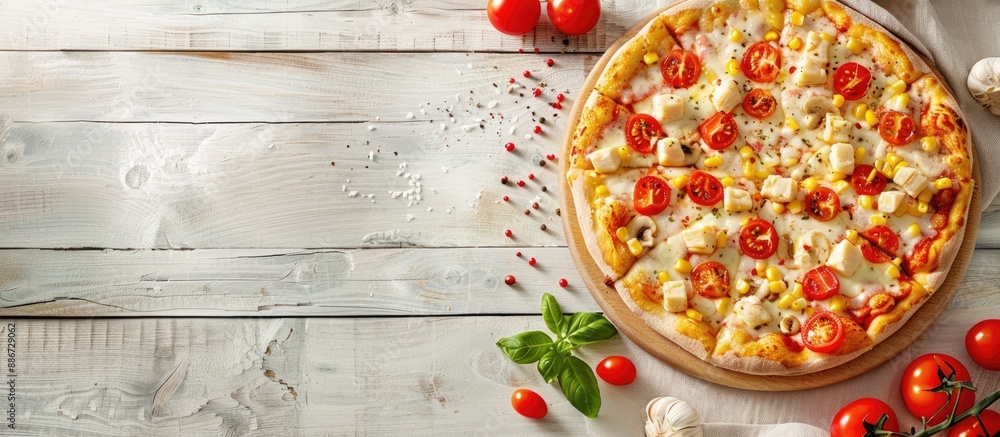 Poster wooden background displaying a child friendly pizza featuring chicken tomatoes corn and mozzarella c