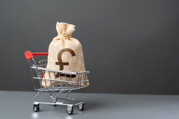Shopping cart with a british pound sterling money bag. Trade and retail. Taxes. Consumer prices....