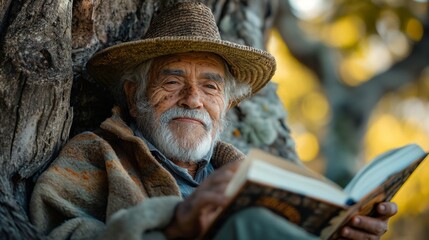 Fototapeta premium Elderly man with a hat reading a book by a tree in the autumn sunlight, smiling contentedly.