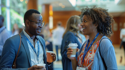 Male and female educators networking and exchanging ideas during a coffee break at an education conference 