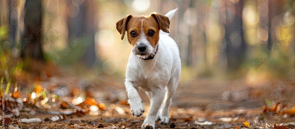 Poster a delightful jack russell terrier strolls in a forest clearing suitable for a pet portrait with a fo