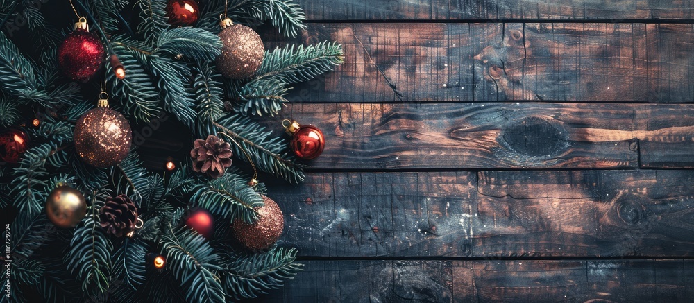 Poster festive fir tree adorned with ornaments on a rustic dark wood backdrop ideal for a copy space image