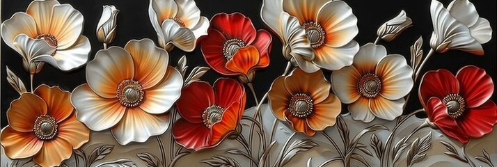 Fototapeta premium Red and White Flowers on a Gray Background