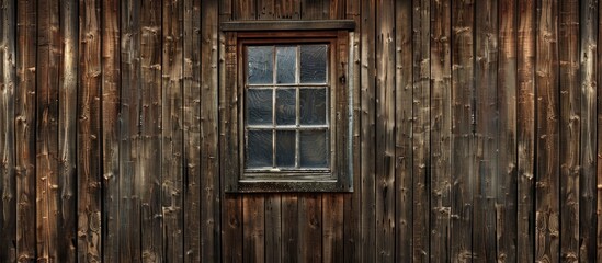 Old farm or village house with a weathered natural wood wall featuring a large window The aged brown wooden planks create a rustic background with a copy space image