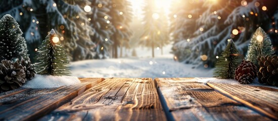 Fototapeta premium Wooden table as Christmas decoration background with pine trees and snowfall perfect for a copy space image