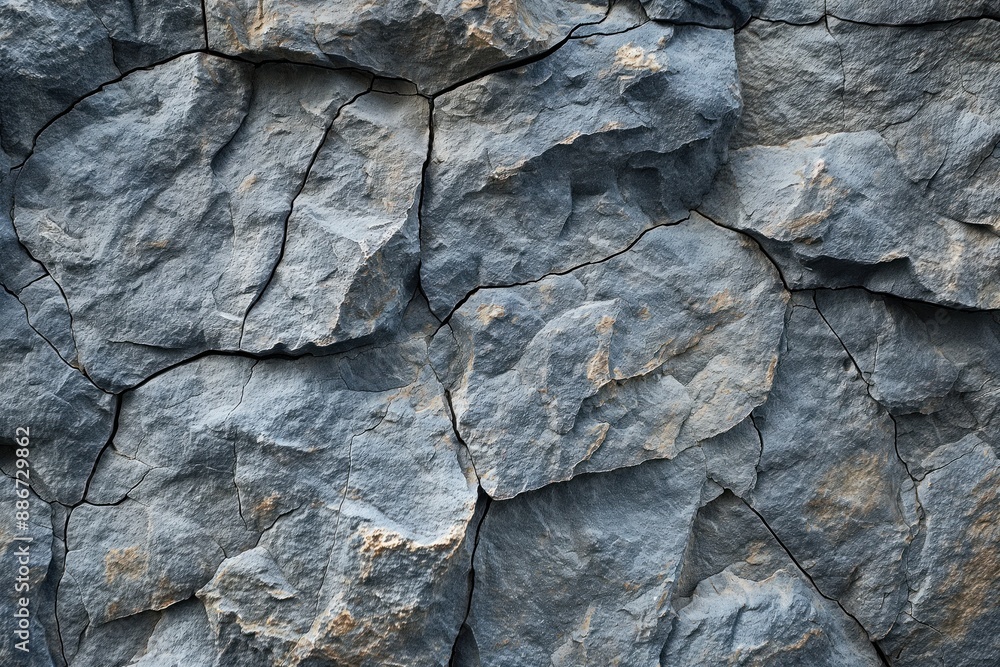 Poster rock formation close-up. gray stone surface with cracks and crevices. perspective from below looking