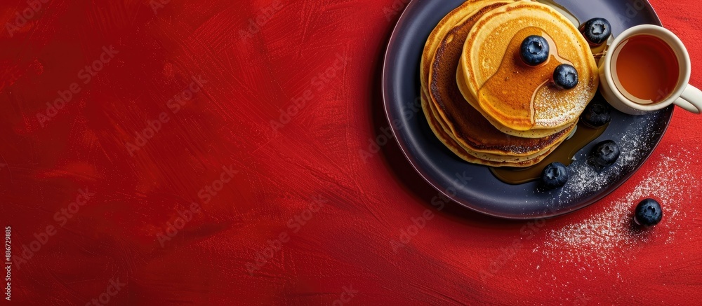 Poster valentine s day breakfast featuring yummy pancakes topped with honey and blueberries served with cof