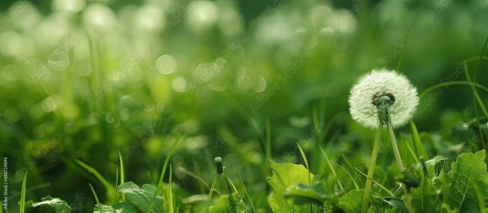 Poster a single white dandelion stands in a lush green field with plants in the backdrop offering space for