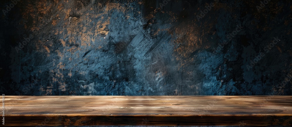 Poster wooden table in front of a dark wall with copy space image for product display or editing