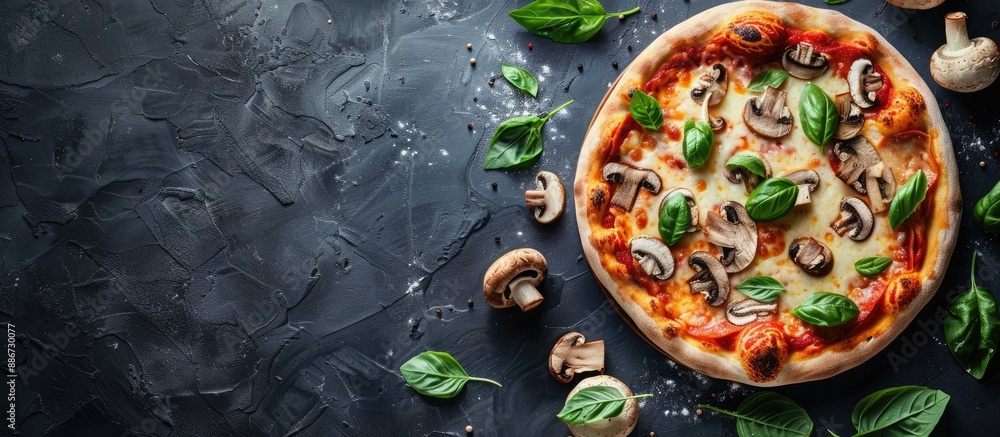 Poster top down view of pizza topped with mushrooms basil and cheese on a dark backdrop with copy space in 