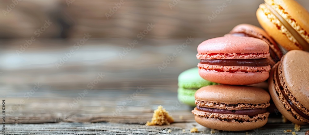 Poster delicious cake macarons or macaroons displayed on a backdrop with available copy space image