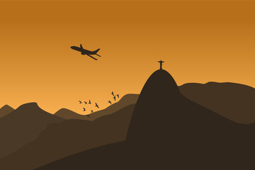 Rio de janeiro Brazil. Silhouette of the Statue of Christ on Corcovado Mountain at sunrise with plane birds flying. Orange tones. Tijuca National Park. EPS vector image.