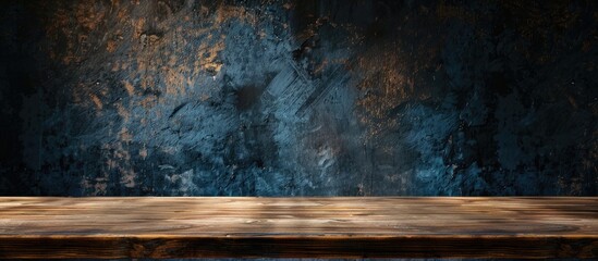 Wooden table in front of a dark wall with copy space image for product display or editing