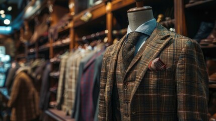 Fototapeta premium Vintage retro and stylish men suits on a mannequin in a clothing store or tailor